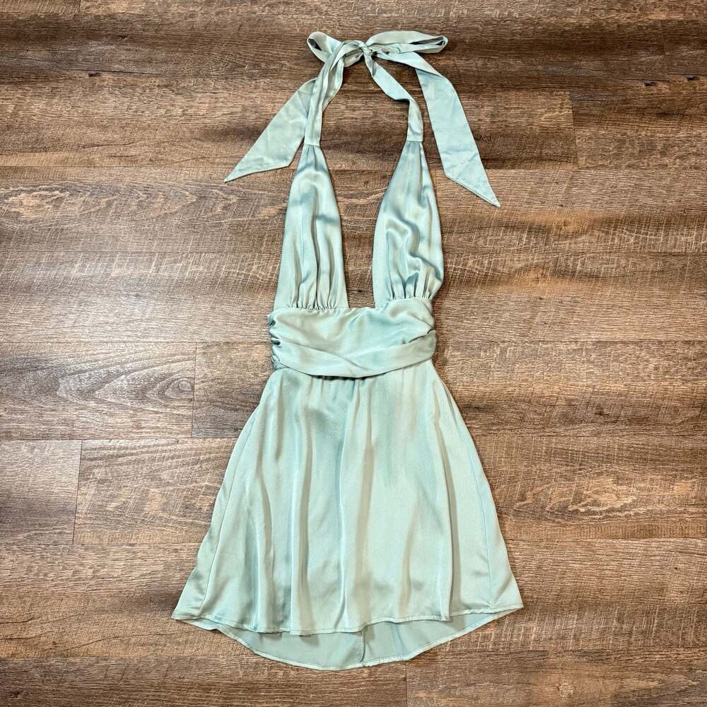 Lucy In The Sky Satin Halter A-line Dress in Sage Size Small